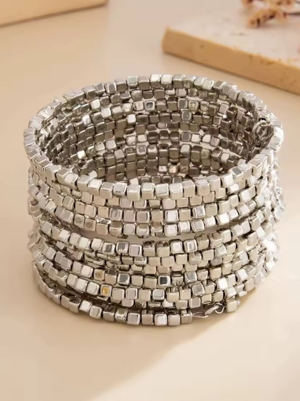 Luxury Silver Multi-Row Beaded Coil Bracelet